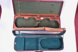 A FLAME MAHOGANY DOUBLE VIOLIN CASE with top and tail apertures for 14in bodied violins, four