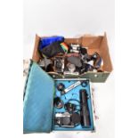 A TRAY AND AN ALUMINIUM CASE CONTAINING CAMERAS AND EQUIPMENT including a Zenit EM Olympic in