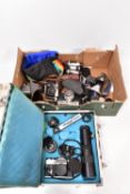 A TRAY AND AN ALUMINIUM CASE CONTAINING CAMERAS AND EQUIPMENT including a Zenit EM Olympic in