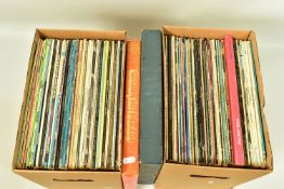 TWO TRAYS CONTAINING OVER ONE HUNDRED LPs by artists such as Rod Stewart, Abba, Queen, Elvis
