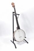 AN ASHBURY OPEN BACKED 5 STRING BANJO with walnut neck and sides, gold coloured Mother of pearl star