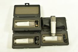 THREE CASED AND ONE UNCASED RODE NT1 LARGE DIAPHRAGM CONDENSOR MICROPHONES all with clips (