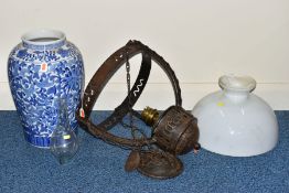 A CHINESE BLUE AND WHITE HAND PAINTED VASE,46cm high,together with a cast iron ceiling light