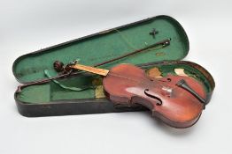 A BRETON BREVETE FULL SIZE VIOLIN with paper label stating name and De SARM to interior, one piece