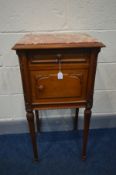 A WALNUT FRENCH STYLE POT CUPBOARD, marble top, single drawer and cupboard, enclosing a ceramic