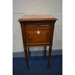A WALNUT FRENCH STYLE POT CUPBOARD, marble top, single drawer and cupboard, enclosing a ceramic