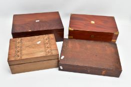 FOUR VICTORIAN/ EDWARDIAN WRITING SLOPE AND WORK BOXES, comprising a Victorian walnut and inlaid