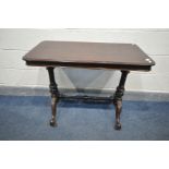 A LATE VICTORIAN MAHOGANY CENTRE TABLE, rectangular top with rounded corners, on turned supports