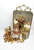 A BOX AND LOOSE OF ASSORTED BRASS AND COPPER, including an early 20th century brass framed painted