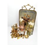 A BOX AND LOOSE OF ASSORTED BRASS AND COPPER, including an early 20th century brass framed painted