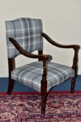 A RECONDITIONED BEDROOM/ELBOW CHAIR, re-covered with grey plaid wool fabric, height 71cm x depth