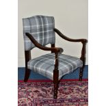 A RECONDITIONED BEDROOM/ELBOW CHAIR, re-covered with grey plaid wool fabric, height 71cm x depth