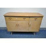 AN ERCOL WINDSOR ELM AND BEECH SIDEBOARD, with two drawers over three cupboard doors, on turned legs