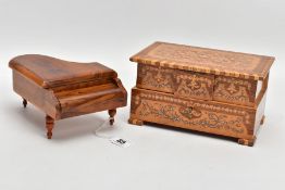 A SORRENTO INLAID MUSICAL JEWELLERY BOX, having inlaid detail, standing on four similar feet,