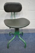 A VINTAGE INDUSTRIAL EVERTAUT SWIVEL CHAIR, with an adjustable back and green painted frame (