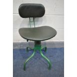 A VINTAGE INDUSTRIAL EVERTAUT SWIVEL CHAIR, with an adjustable back and green painted frame (