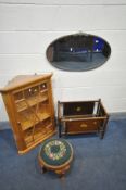 A LATE 19TH/EARLY 20TH CENTURY BRASS OVAL WALL MIRROR, 76cm x 43cm (condition:-damaged frame) a pine