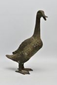 A BRONZE INDIAN RUNNER DUCK, standing 36cm high, with open beak, very dirty, but no apparent