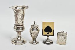 FOUR PIECES OF SILVER, comprising a rectangular vesta case, Chester 1900, a George V urn shaped