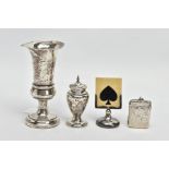 FOUR PIECES OF SILVER, comprising a rectangular vesta case, Chester 1900, a George V urn shaped
