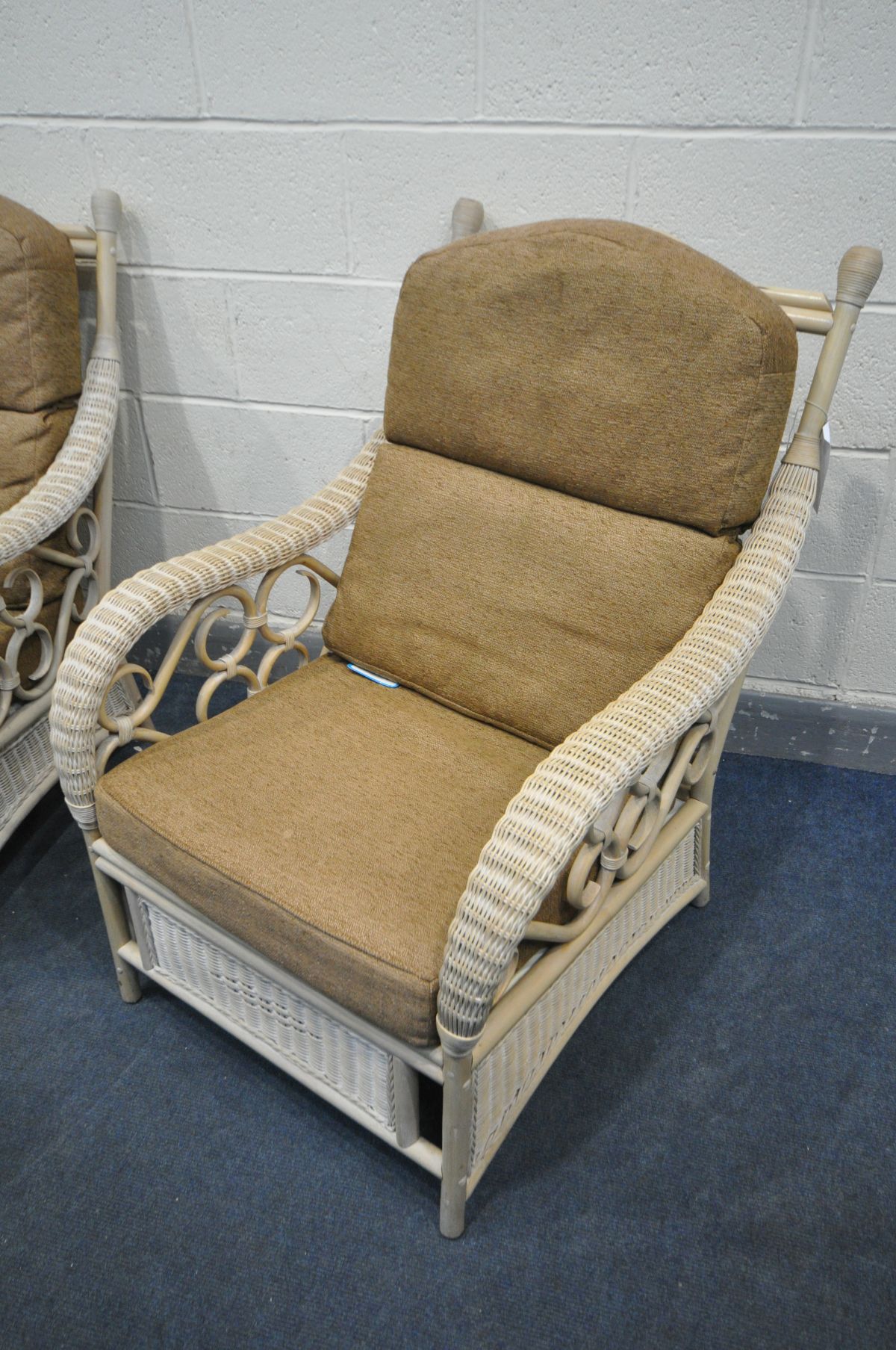 A WICKER CONSERVATORY SUITE, made by MGM, with brown upholstered cushions, comprising a sofa, - Image 3 of 3