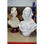 TWO FEMALE BUSTS, one cast in resin after Alain Gianelli, depicting a woman in a plumed hat,
