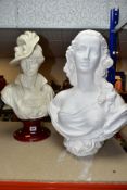 TWO FEMALE BUSTS, one cast in resin after Alain Gianelli, depicting a woman in a plumed hat,