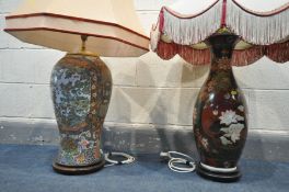 A PAIR OF 20TH CENTURY ORIENTAL CERAMIC TABLE LAMPS, with large fabric shades, height to fitting