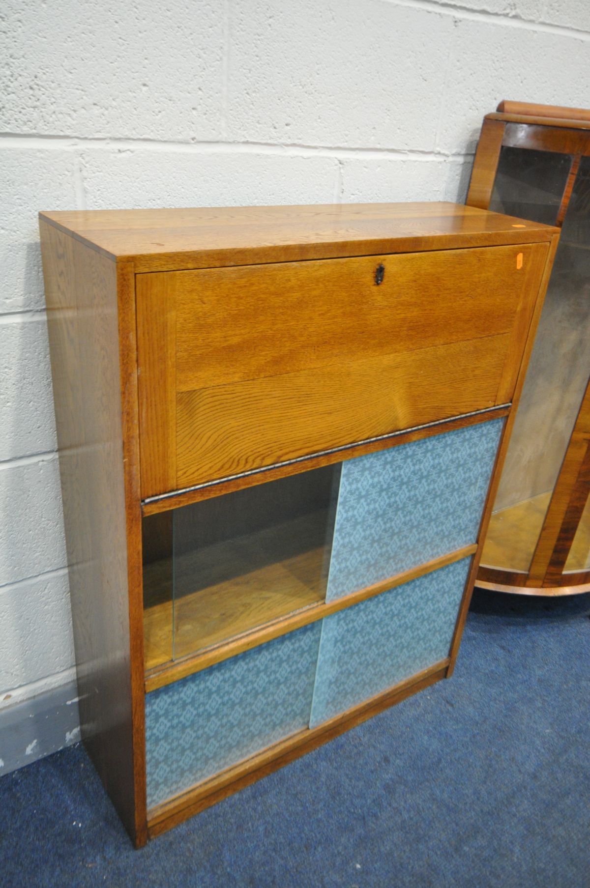 A 1940'S DEMI LUNE CHINA CABINET, width 88cm x depth 35cm x height 117cm, and an oak flat front - Image 3 of 3