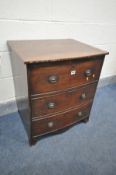 A SMALL GEORGIAN MAHOGANY BOW FRONT CHEST OF THREE DRAWERS, width 62cm x depth 49cm x height 70cm (