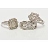 THREE WHITE METAL DIAMOND SET DRESS RINGS, large dress rings each set with a variety of single cut