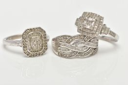 THREE WHITE METAL DIAMOND SET DRESS RINGS, large dress rings each set with a variety of single cut