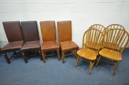 A MATCHED SET OF FOUR BROWN LEATHER DINING CHAIRS, and four beech hoop back chairs (8)