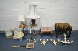 AN OAK STOOL with acorn supports, a needlework footstool, two mahogany wine tables, five various