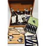 A BOX OF ASSORTED CUTLERY, to include a cased Walker & Hall set of two serving spoons, a cased set