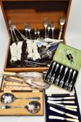 A BOX OF ASSORTED CUTLERY, to include a cased Walker & Hall set of two serving spoons, a cased set