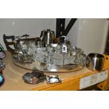 A GROUP OF PLATED AND OTHER METALWARES, to include an unmarked plated tea set with tray, an Old Hall