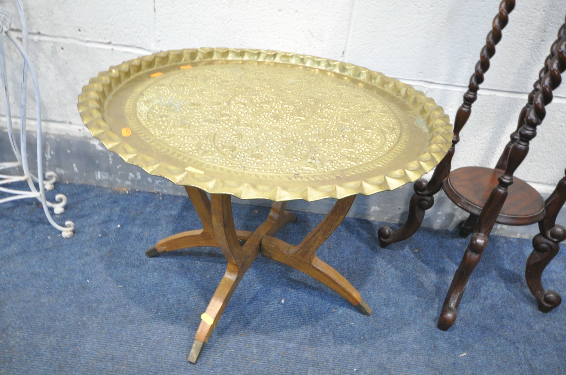 A MORROCAN BRASS TOPPED OCCASIONAL TABLE on a folding spider leg base, diameter 63cm x height - Image 3 of 3