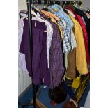 A QUANTITY OF GENTLEMENS CLOTHES, mostly shirts, jackets, coats, gloves, snorkelling equipment, etc,