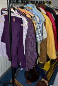 A QUANTITY OF GENTLEMENS CLOTHES, mostly shirts, jackets, coats, gloves, snorkelling equipment, etc,
