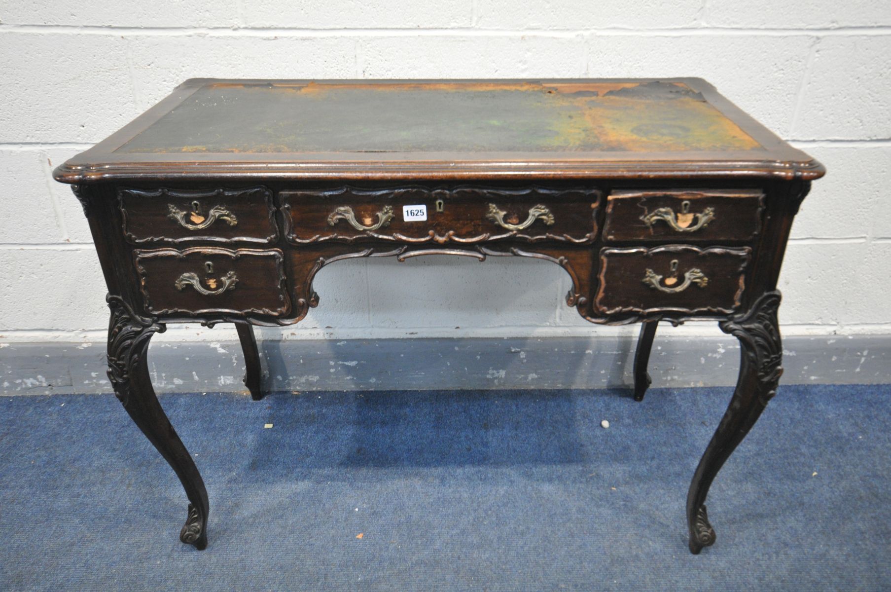 AN EARLY 20TH CENTURY FRENCH STYLE MAHOGANY LADIES DESK, with a distressed blue leather top, an