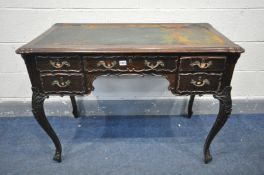 AN EARLY 20TH CENTURY FRENCH STYLE MAHOGANY LADIES DESK, with a distressed blue leather top, an