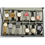 A WATCH DISPLAY CASE WITH WRISTWATCHES, black case with a Perspex lid, twelve storage cushions