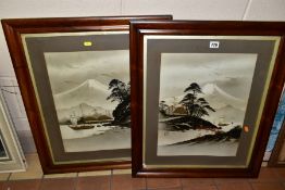 TWO FIRST QUARTER 20TH CENTURY JAPANESE LANDSCAPE WATERCOLOURS, both with gold highlights, one