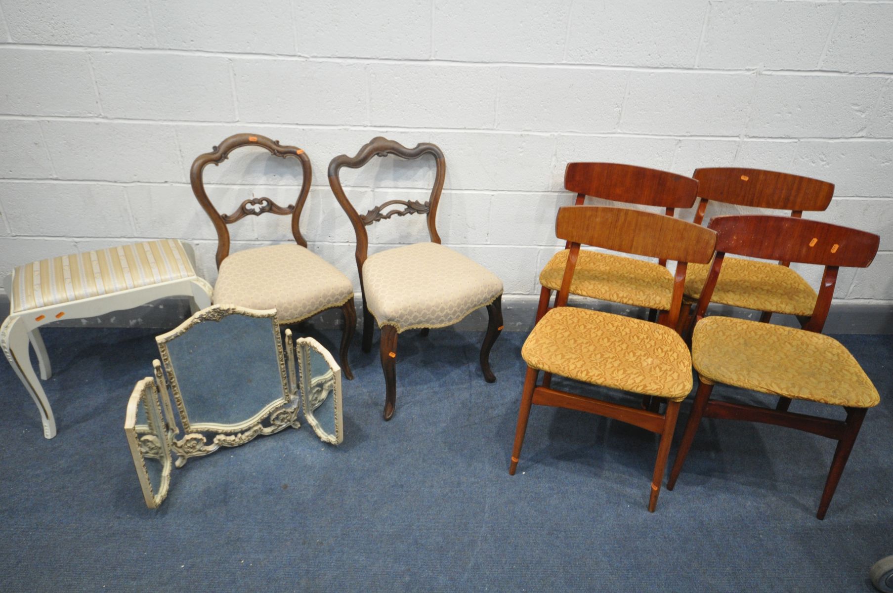 TWO VICTORIAN WALNUT DINING CHAIRS, with a single foliate bar back, a French white dressing stool,