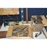 TWO BOXES OF WOODWORKING TOOLS to include planes, saw blades, wire brushes, chisels etc and a