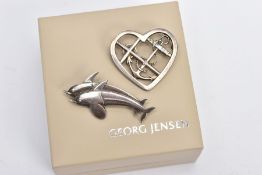 TWO GEORG JENSEN BROOCHES, a double dolphin brooch, stamped 'Georg Jensen' sterling, style number