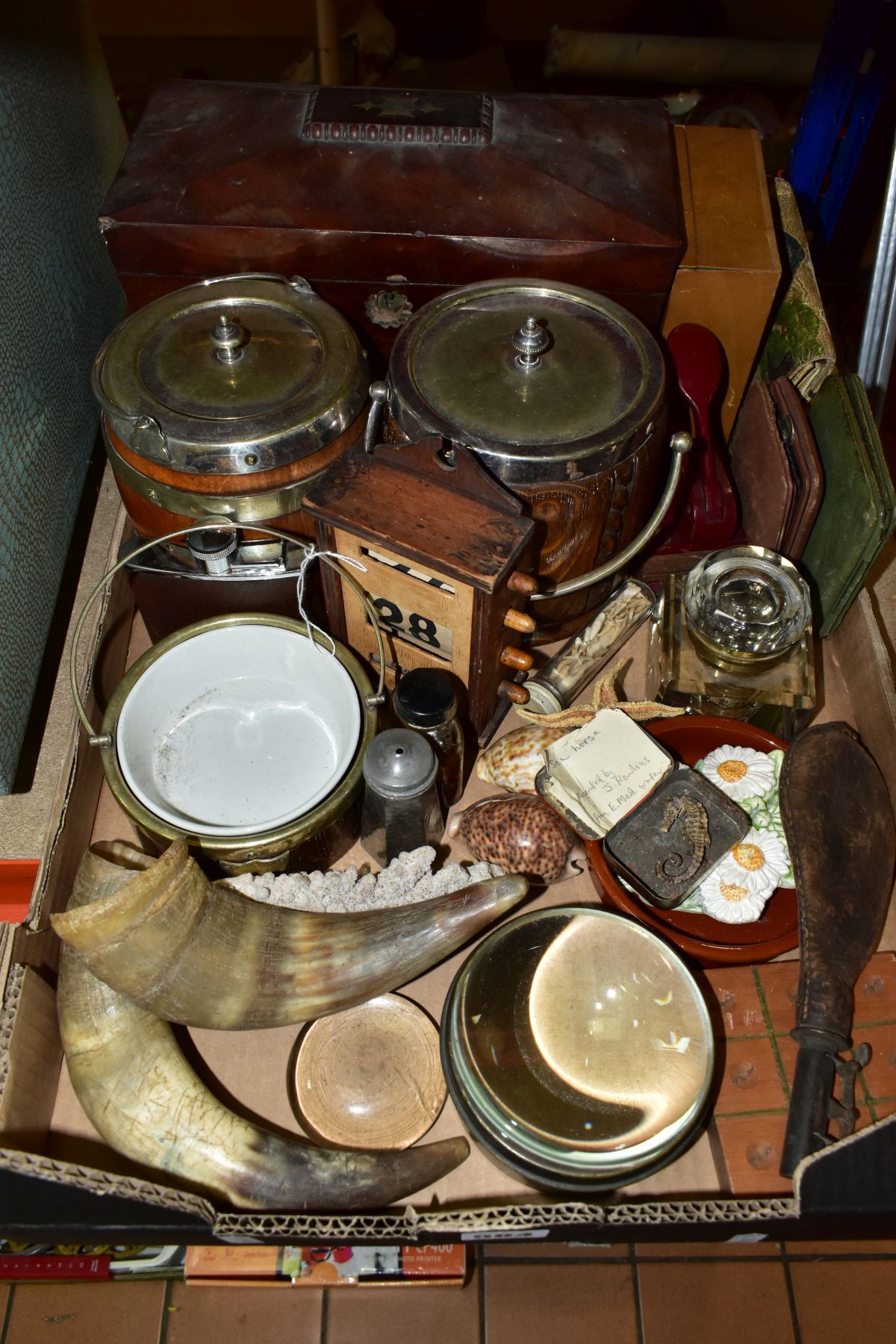 A BOX OF TREEN, ASSORTED NATURAL AND VINTAGE ITEMS, to include a large tea caddy of sarcophagus form