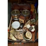 A BOX OF TREEN, ASSORTED NATURAL AND VINTAGE ITEMS, to include a large tea caddy of sarcophagus form