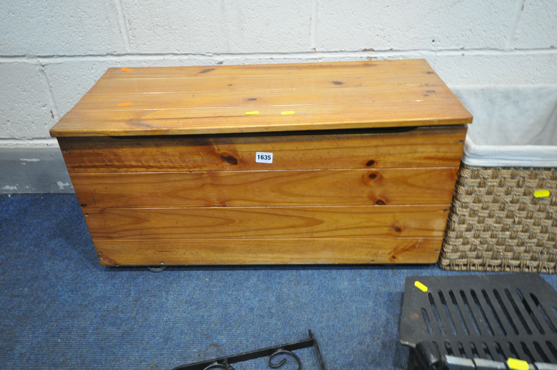 A SMALL PINE BLANKET CHEST, along with a wicker storage box, two painted storage chests, medieval - Image 3 of 3